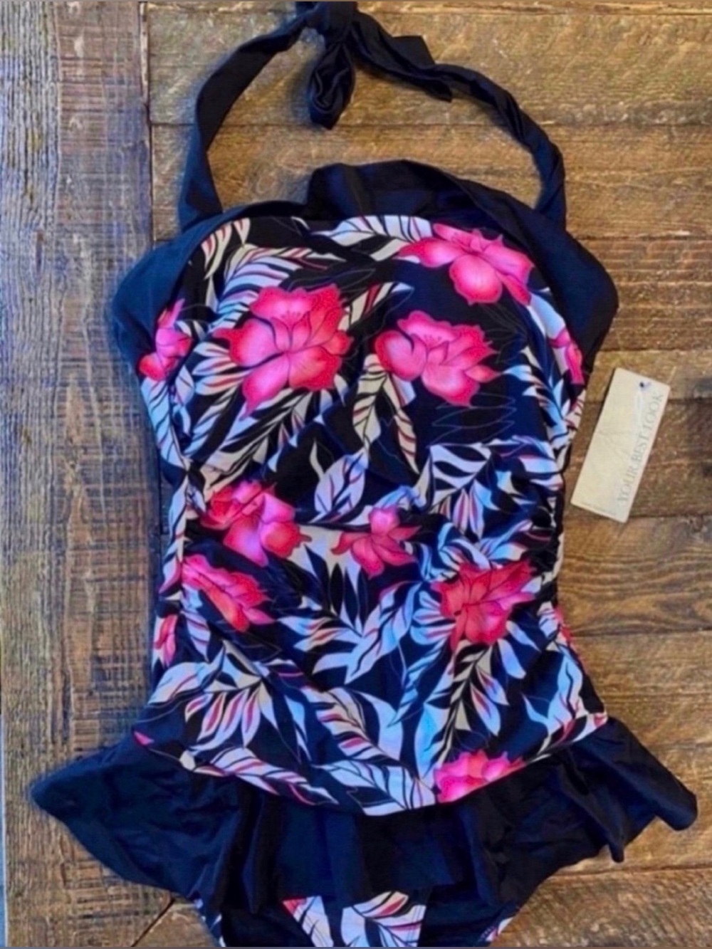 Brand New Black One-Piece Swimsuit with Pink Floral Print (Size XS)